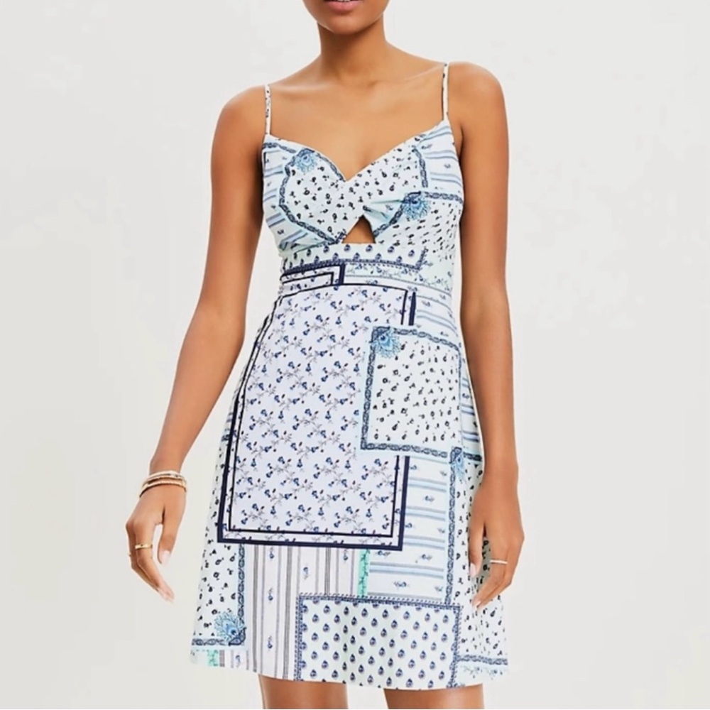 LOFT Blue and White Floral Patchwork Dress NWOT Petite
